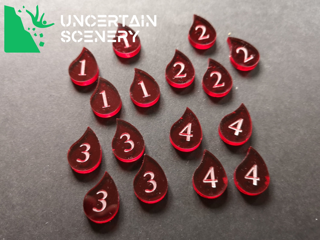 Blood Drop Shaped Tokens  (set of 16) - Uncertain Scenery